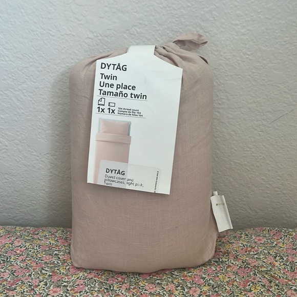 IKEA DYTAG Twin Light Pink Linen Duvet Cover & Pillowcase in Fabric Bag - Picture 1 of 4